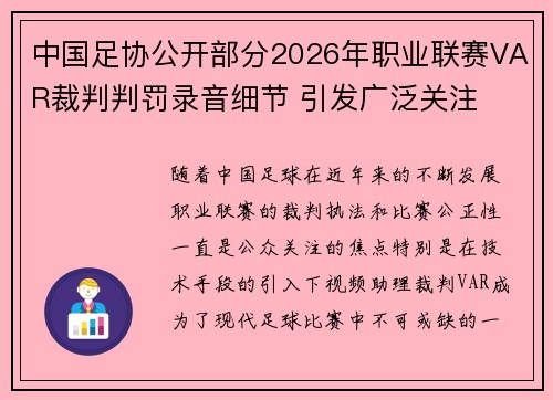 中国足协公开部分2026年职业联赛VAR裁判判罚录音细节 引发广泛关注